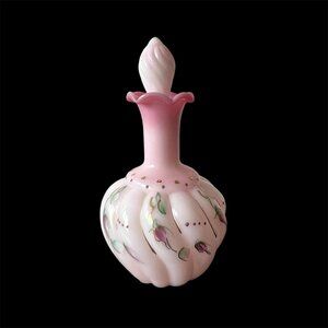 Fenton Pink Rosalene Perfume Bottle // Handpainted Roses // Spiral Stopper
